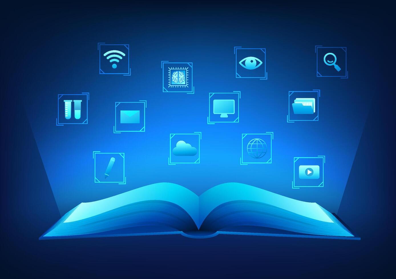 modern leerzaam technologie boeken verbonden met technologie pictogrammen staan voor modern onderwijs gecombineerd met technologie. online aan het leren online boeken en online onderwijs videos vector