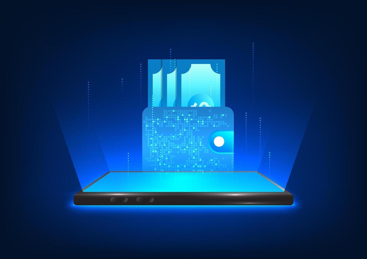 smartphone technologie dat projecten een hologram beeld van uw portemonnee concept van gebruik makend van portemonnee in e-portemonnee het formulier via mobiel telefoon. beide betaling van goederen, deposito's, opnames, geld transfers vector