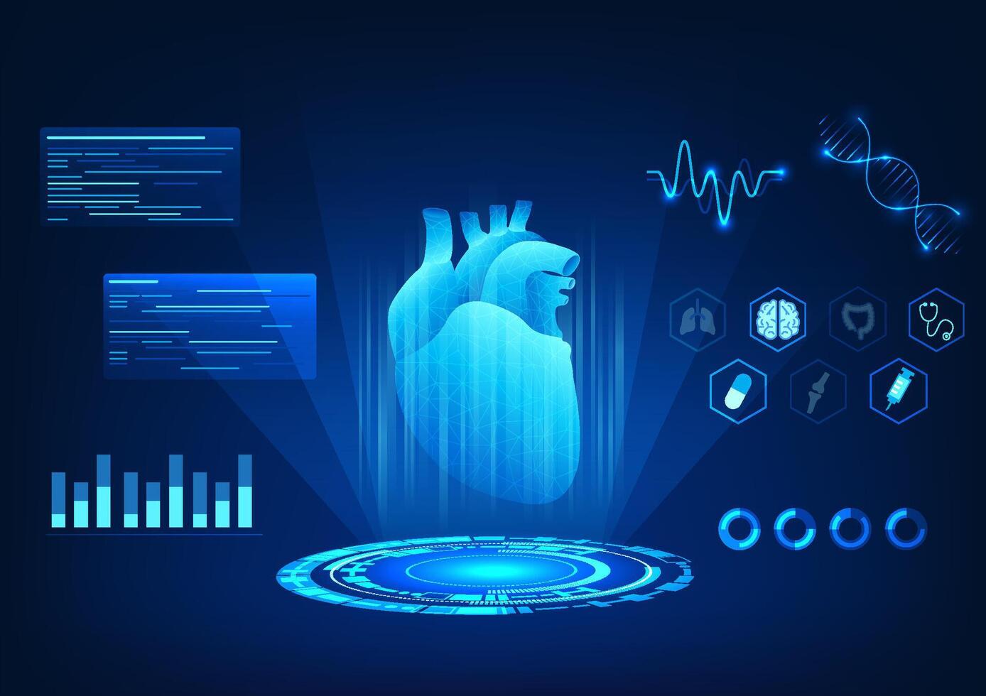 medisch technologie achtergrond hologram beeld van de hart dat shows de hart tarief langs met gedetailleerd informatie over intern organen. zo dat artsen kan diagnostiseren ziekte en voorzien behandeling vector