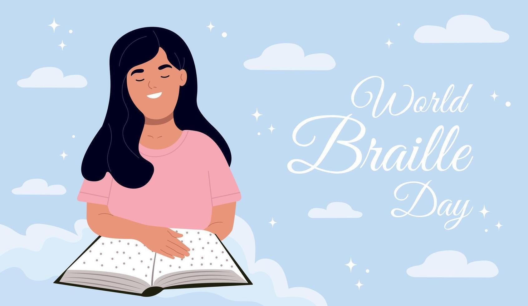 een glimlachen Blind meisje is lezing iets in braille. wereld braille dag. vector