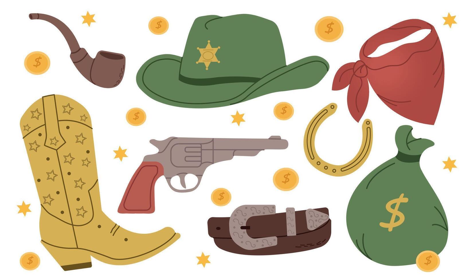 wild west set. cowboy laarzen, hoed, pistool, luik voor roken, riem, hoefijzer, geld tas, nek sjaal. vector