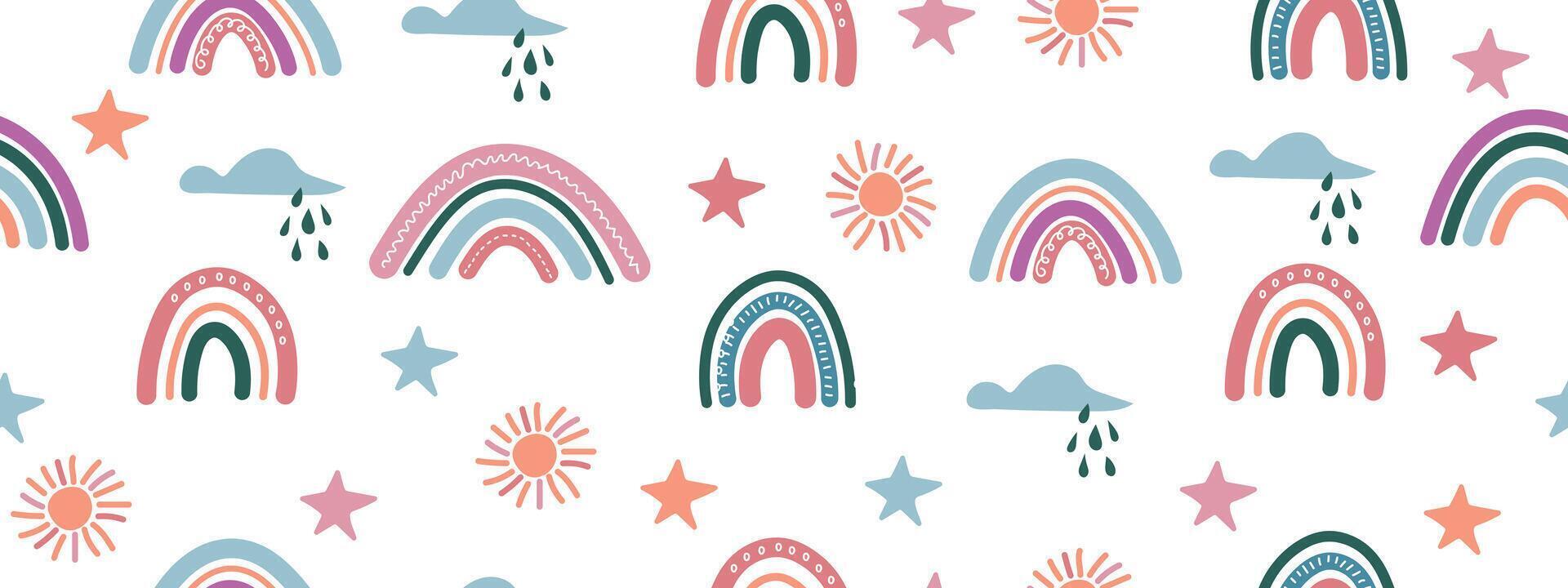 naadloos patroon met hand- getrokken regenbogen, zon, wolken en sterren. vector