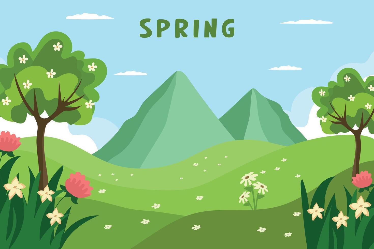 voorjaar illustratie. voorjaar landschap met bloemen, weide, bergen en bomen. vector
