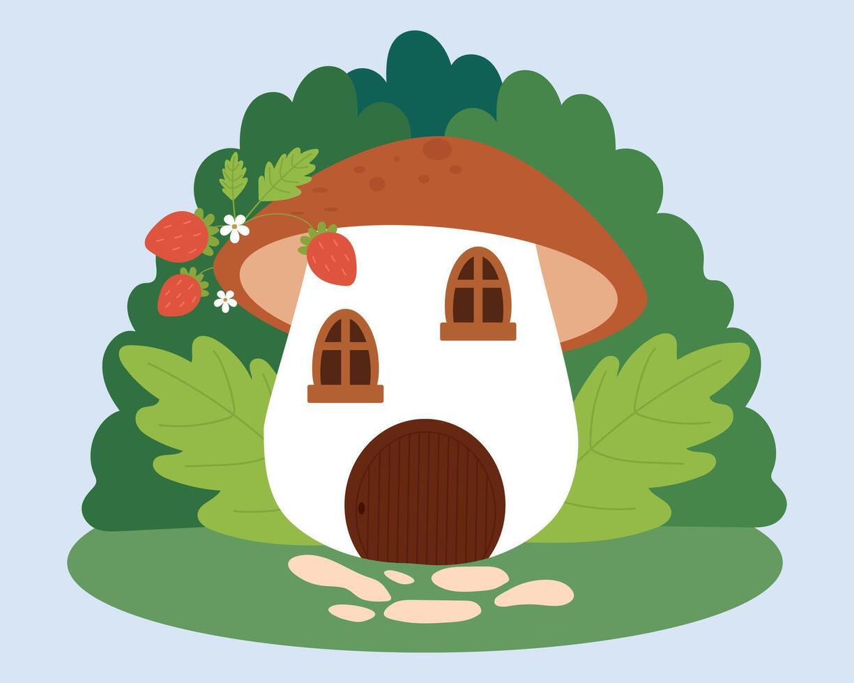 sprookje paddestoel huis. paddestoel huis met aardbeien en bloemen. vector