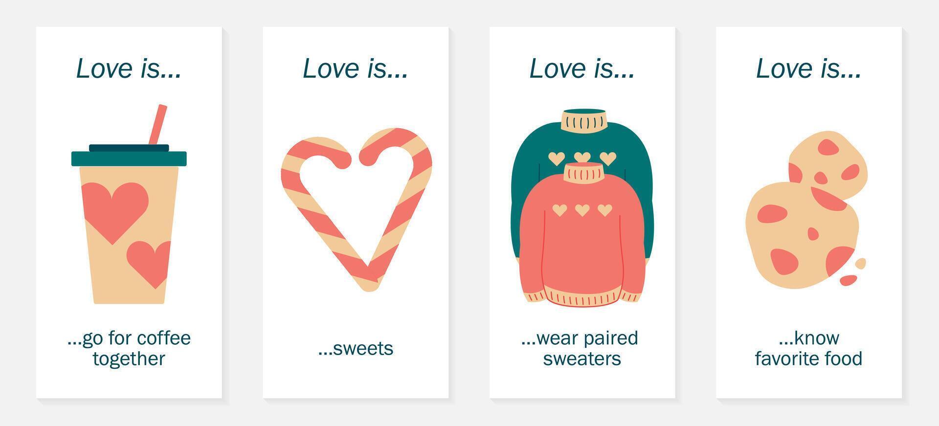 banners voor vakantie Valentijnsdag dag. inzetstukken liefde is... citaten over liefde. een kop van koffie, lolly, bij elkaar passen truien en koekjes. hart. banners voor februari 14 voor sociaal netwerk. vector. vector