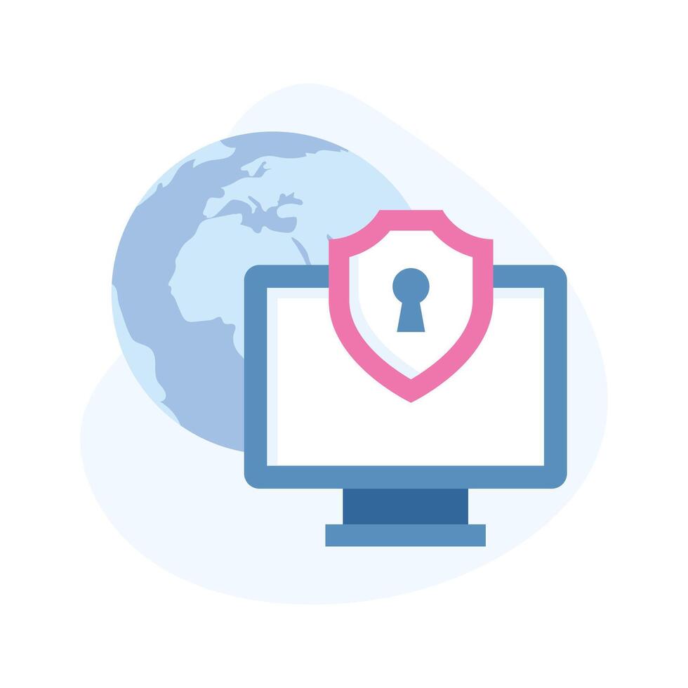 sleutelgat binnen veiligheid schild met computer en wereldbol tonen icoon van cyber veiligheid in vlak stijl vector