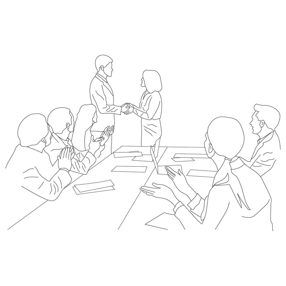 bedrijf vergadering discussie tussen arbeiders in de kantoor hand- getrokken vector illustratie lijn kunst ontwerp.