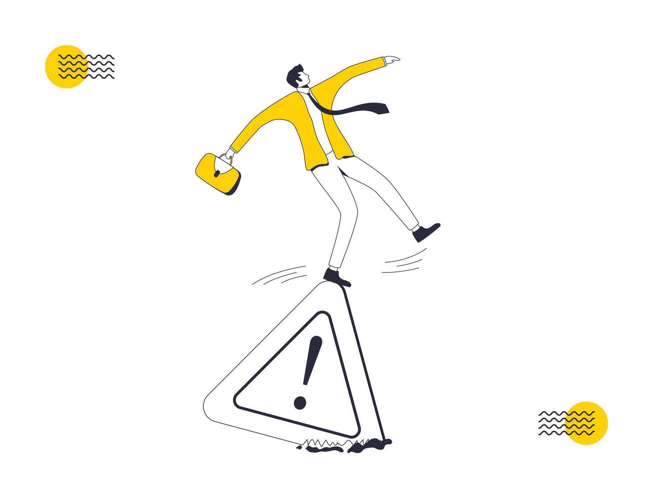 zakenman jumping over- een Gevaar teken. vector illustratie in vlak stijl.