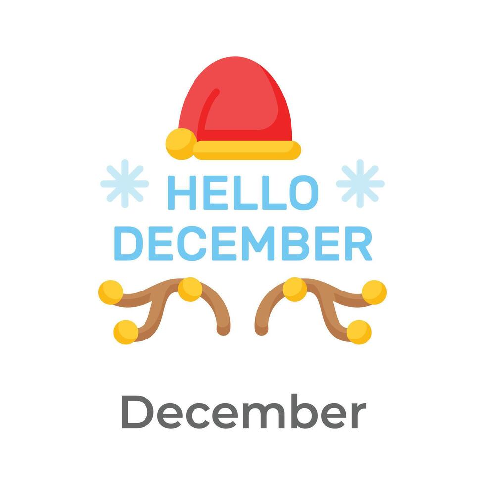 Hallo december citaat met de kerstman hoed, sneeuwvlokken en hert hoorns, geïsoleerd Aan wit achtergrond vector