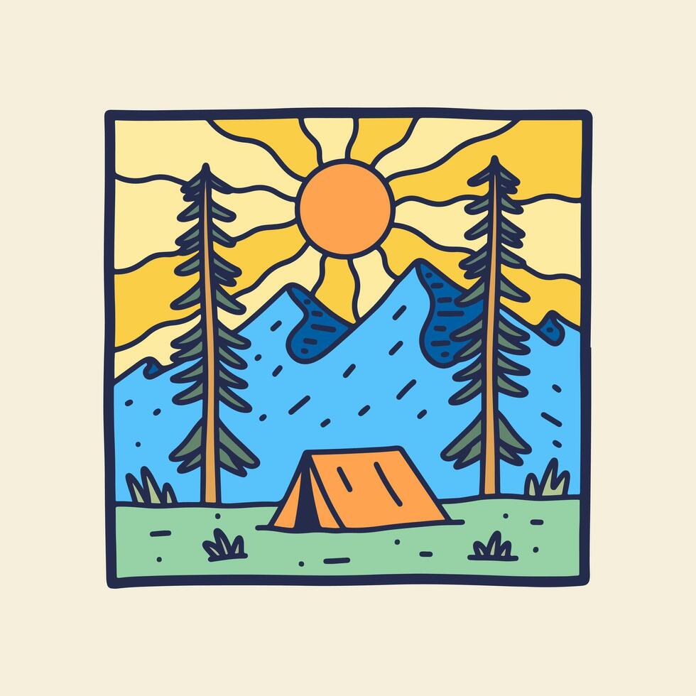 camping onder bergen in helder zon vector ontwerp voor insigne, sticker, lapje, t overhemd ontwerp, enz