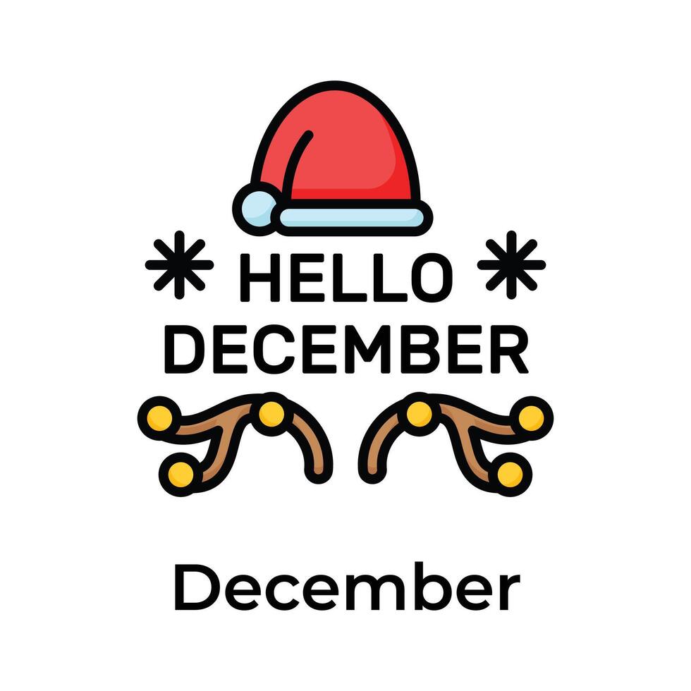 Hallo december citaat met de kerstman hoed, sneeuwvlokken en hert hoorns, geïsoleerd Aan wit achtergrond vector