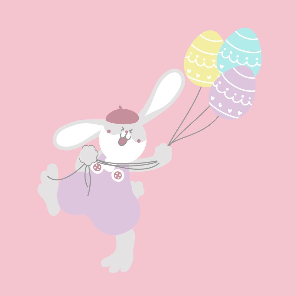 gelukkig Pasen festival met dier huisdier konijn konijn en ei ballon, pastel kleur, vlak vector illustratie tekenfilm karakter