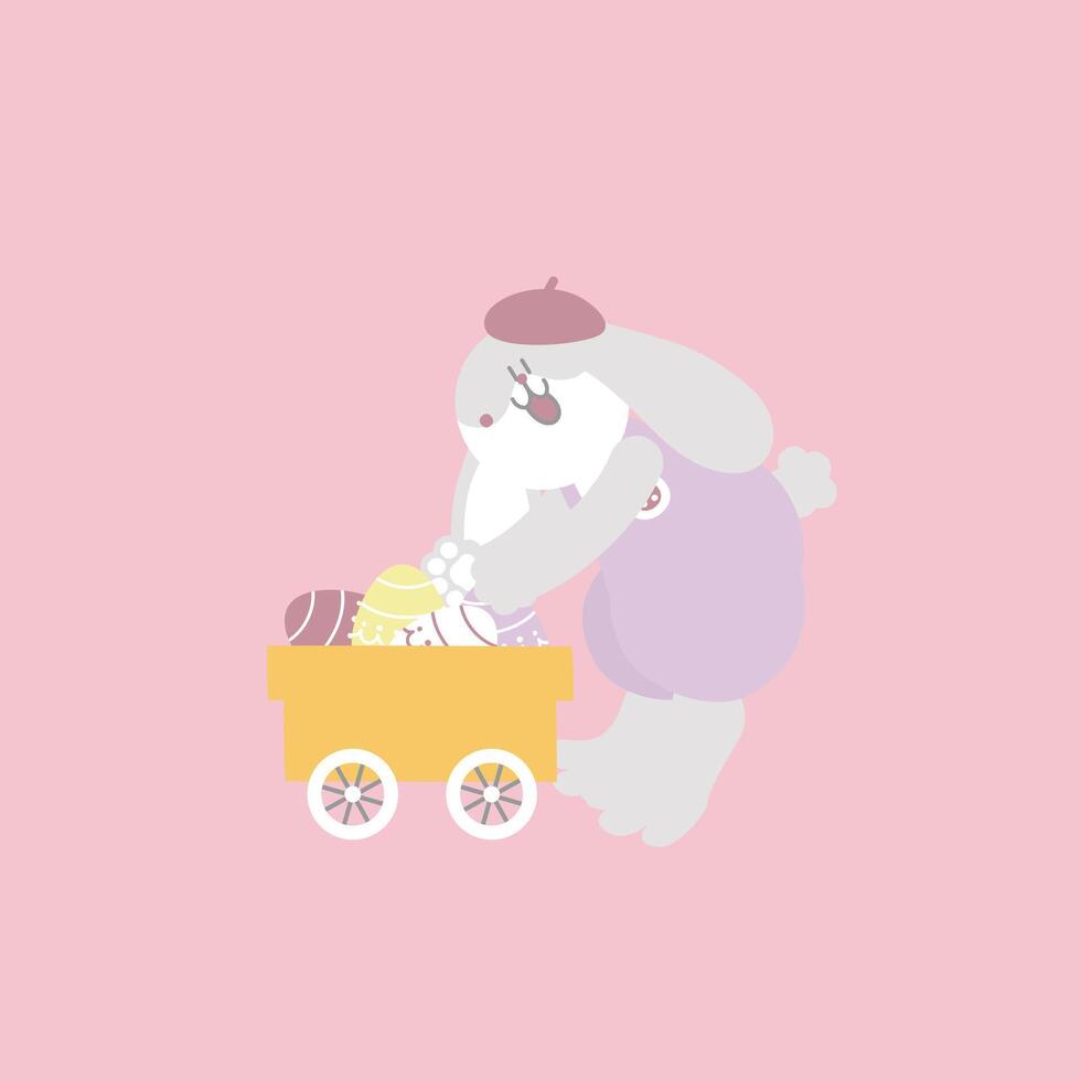 gelukkig Pasen festival met dier huisdier konijn konijn, kar en ei, pastel kleur, vlak vector illustratie tekenfilm karakter