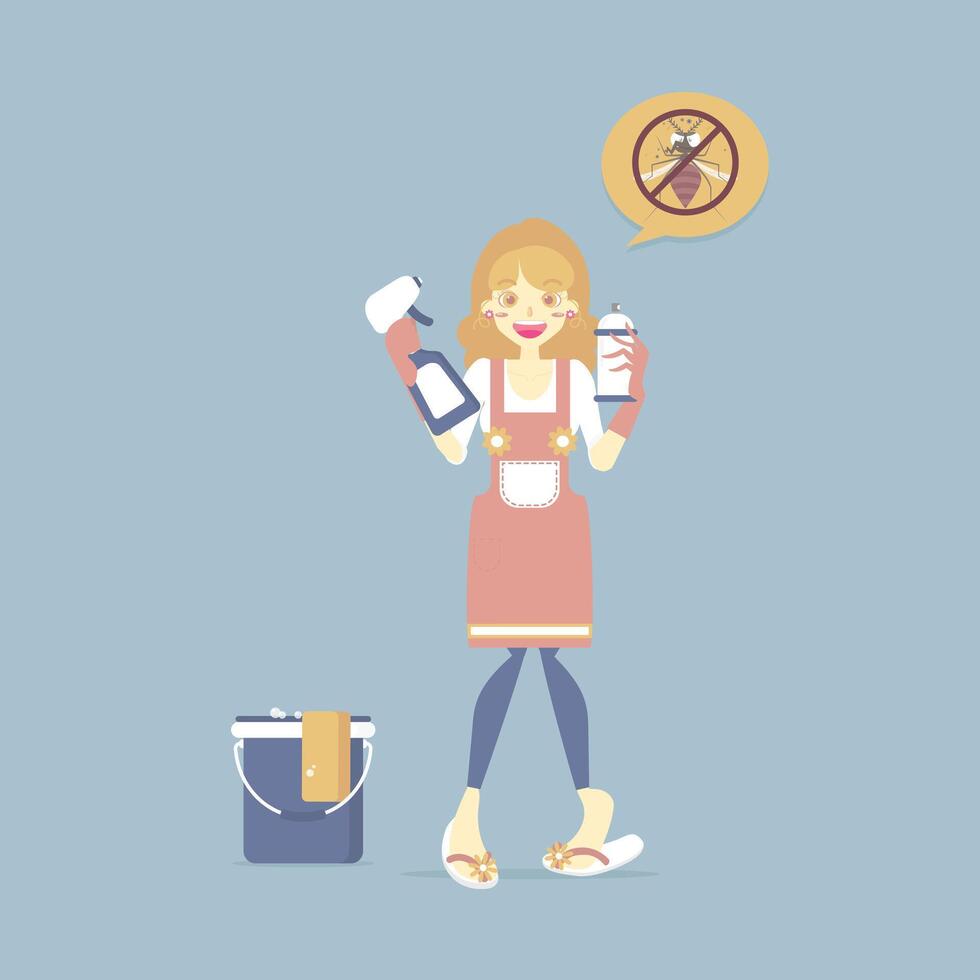 vrouw vervelend handschoen Holding verstuiven en schoon oplossing met emmer, plaag controle, anti kever en mug, schoonmaak concept, vlak karakter ontwerp klem kunst vector illustratie tekenfilm