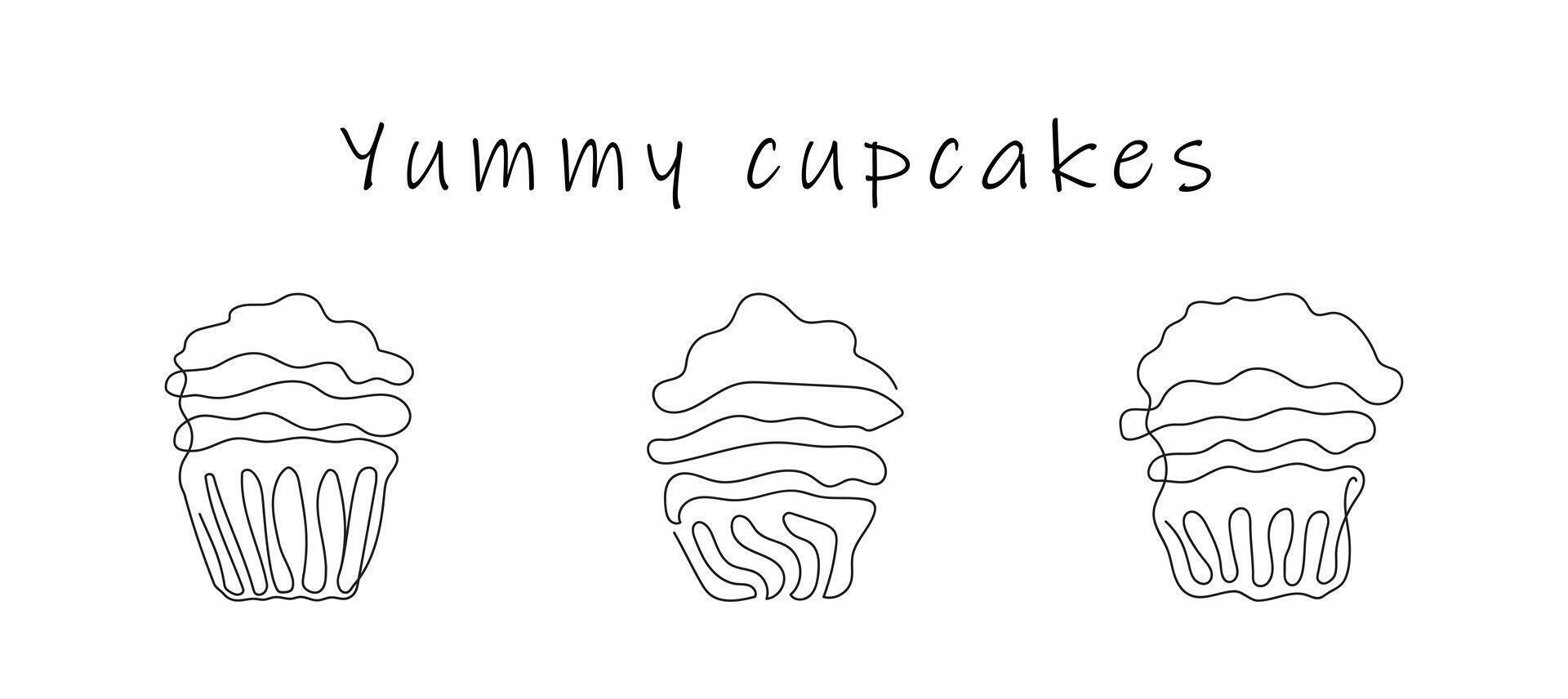 reeks van cupcakes in stijl van doorlopend een lijn tekening met tekst lekker cupcakes. gemakkelijk lijn kunst van muffins met golvend glazuur. zwart en wit vector. ontwerp elementen voor groet, ansichtkaart, afdrukken vector