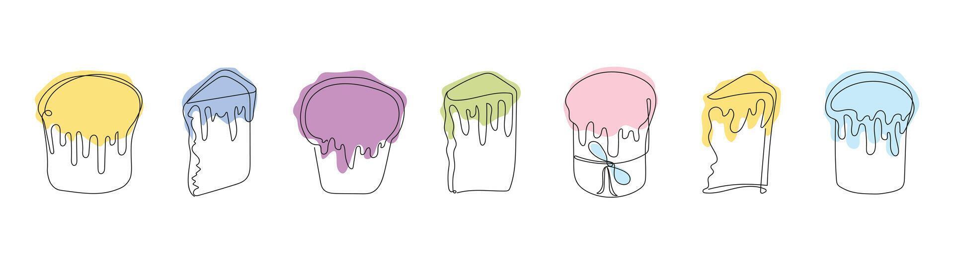 reeks van kleurrijk Pasen kulich cakes met glazuur. doorlopend een lijn tekening. traditioneel oekraïens Pasen cupcakes. vector illustratie geïsoleerd Aan wit. ontwerp element voor afdrukken, groet