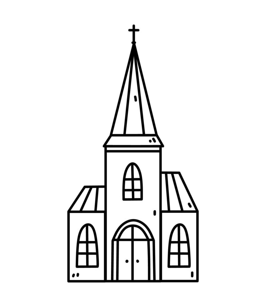 kerk gebouw geïsoleerd Aan wit achtergrond. vector hand getekend illustratie in tekening stijl. perfect voor logo, decoraties, divers ontwerpen.