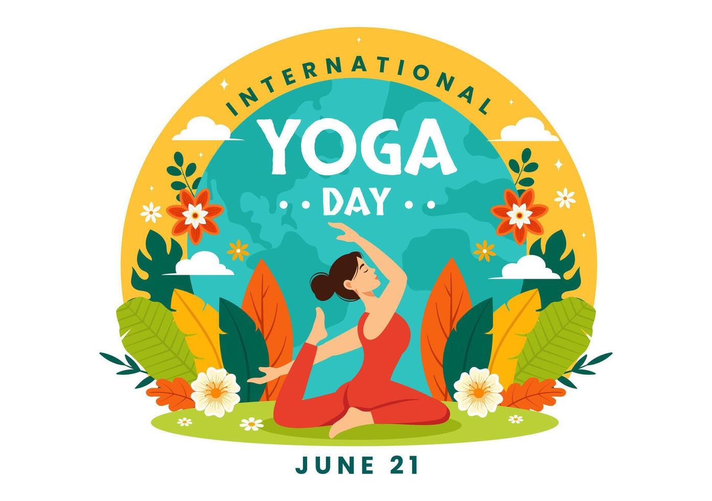 Internationale yoga dag vector illustratie Aan juni 21 met vrouw aan het doen lichaam houding praktijk of meditatie in gezondheidszorg vlak tekenfilm achtergrond