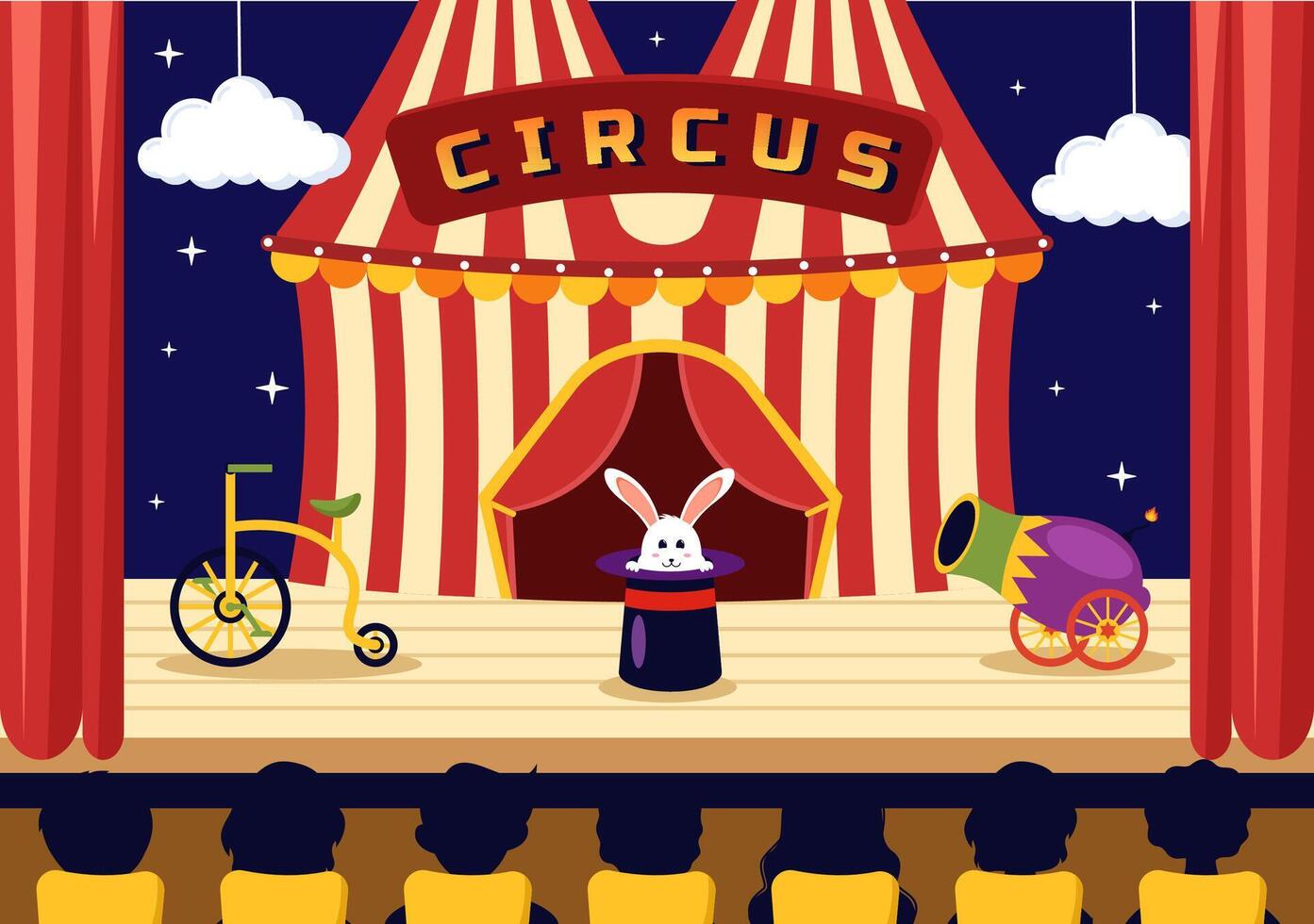 circus vector illustratie met tonen van gymnast, goochelaar, dier leeuw tijger, gastheer, entertainer, clowns en amusement park in vlak tekenfilm achtergrond