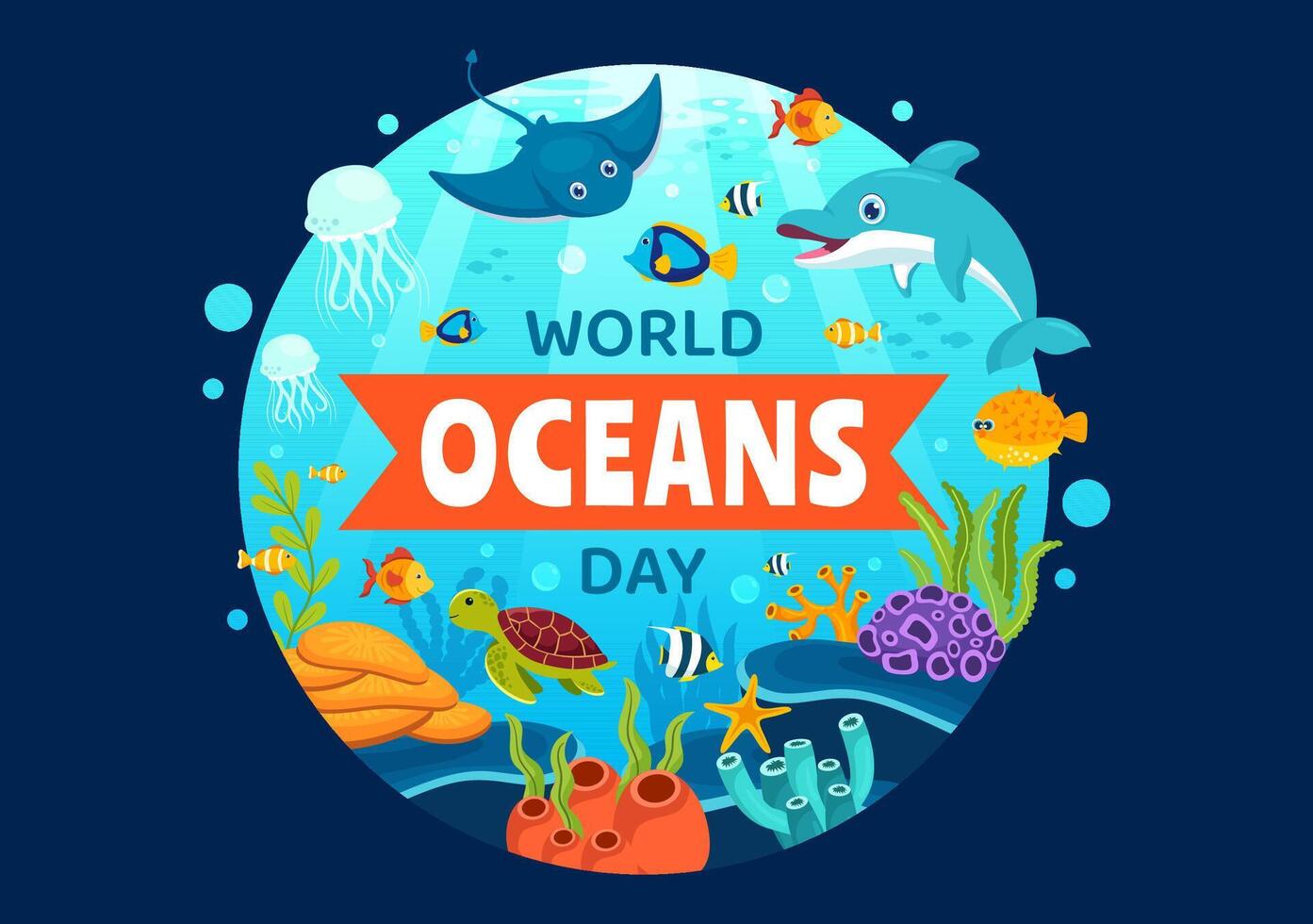 wereld oceanen dag vector illustratie naar helpen beschermen en behouden oceaan, vis, ecosysteem of zee planten in vlak tekenfilm achtergrond ontwerp