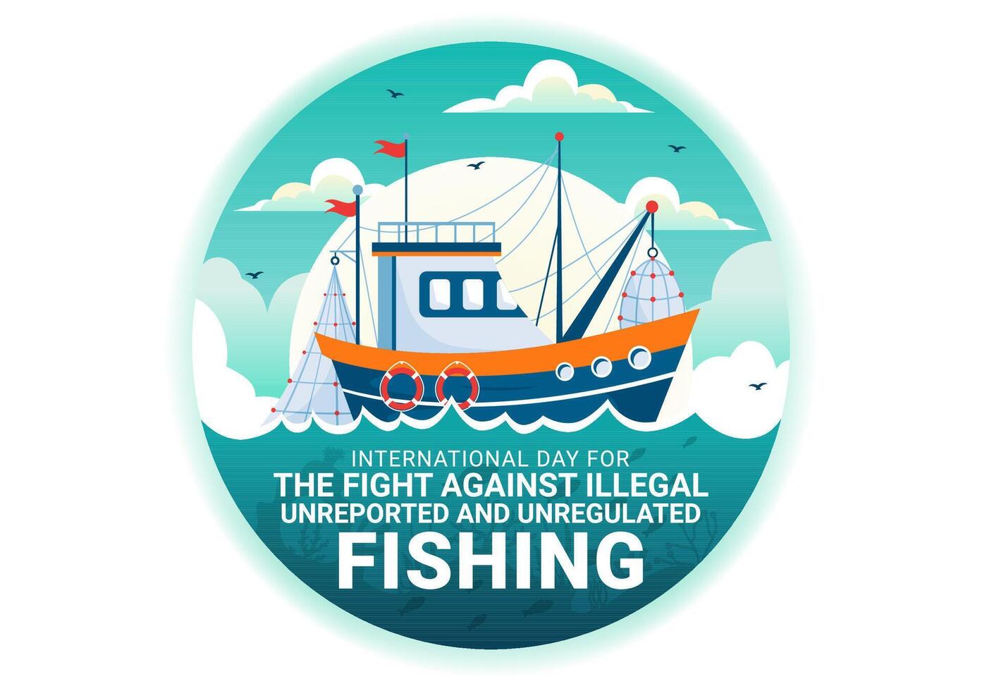 Internationale dag voor de strijd tegen onwettig, niet gemeld en ongereguleerde visvangst vector illustratie met hengel vis in vlak tekenfilm achtergrond