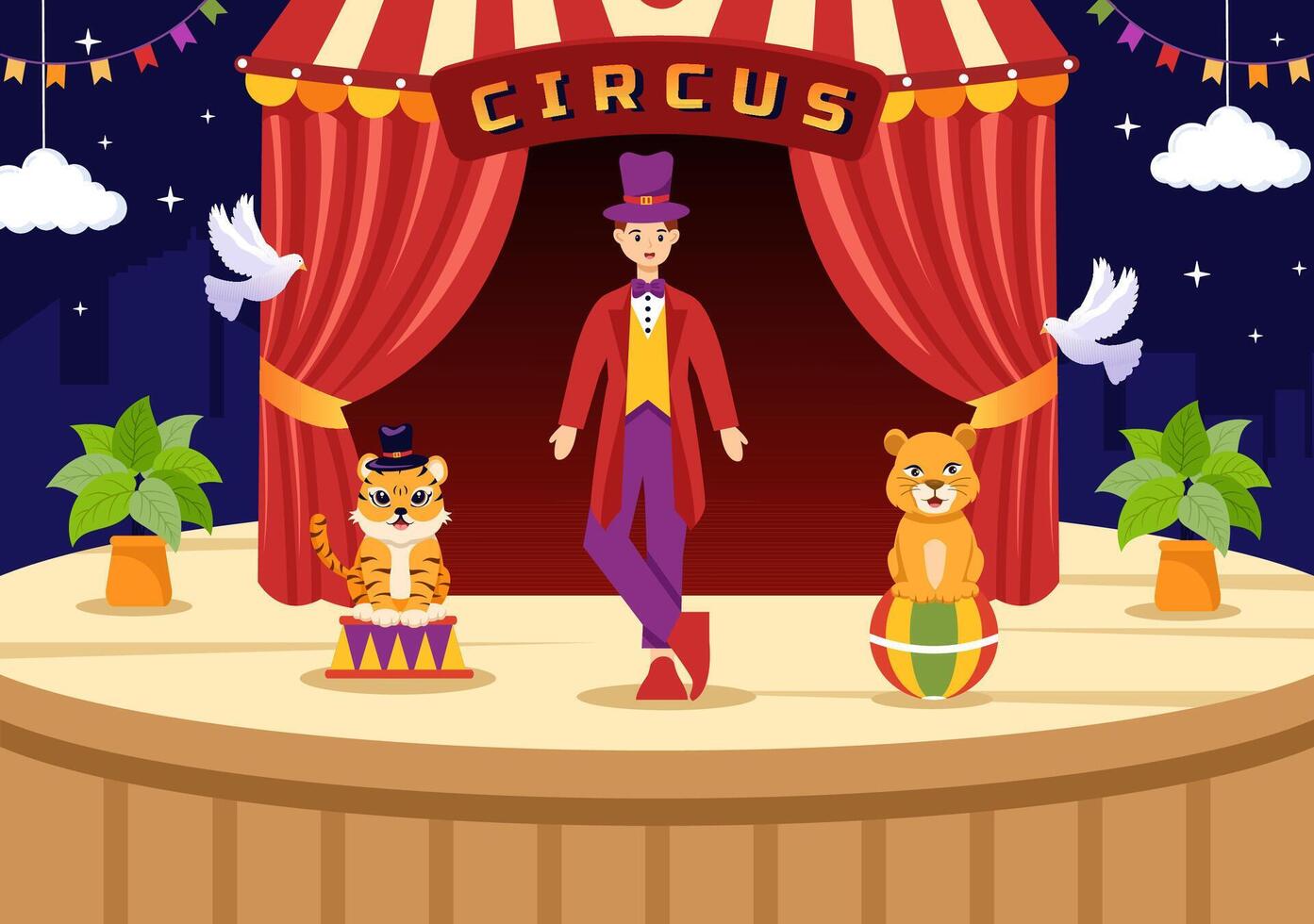 circus vector illustratie met tonen van gymnast, goochelaar, dier leeuw tijger, gastheer, entertainer, clowns en amusement park in vlak tekenfilm achtergrond