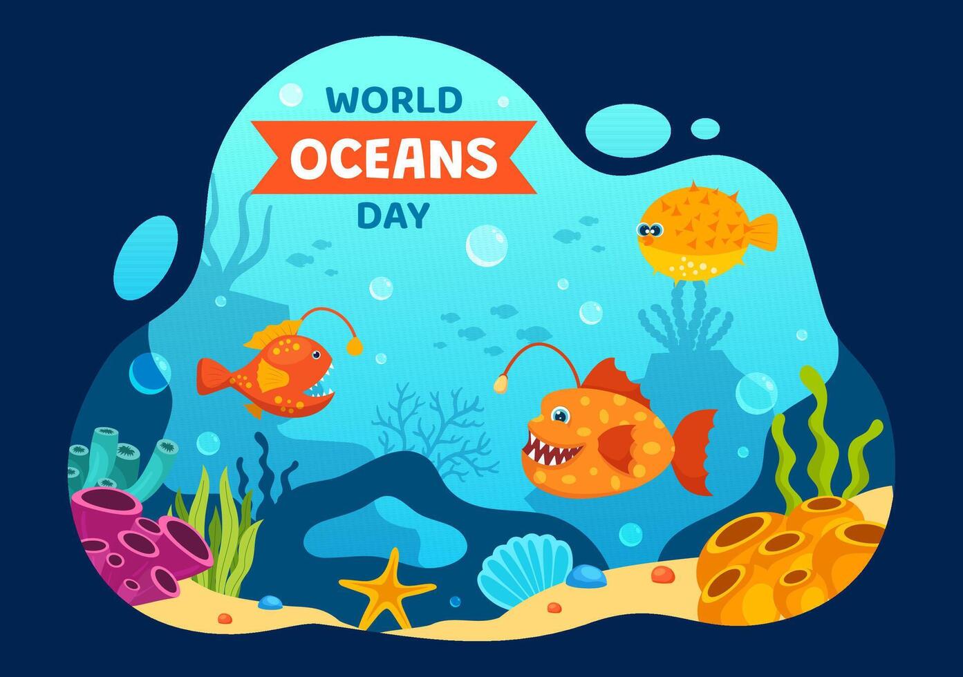 wereld oceanen dag vector illustratie naar helpen beschermen en behouden oceaan, vis, ecosysteem of zee planten in vlak tekenfilm achtergrond ontwerp