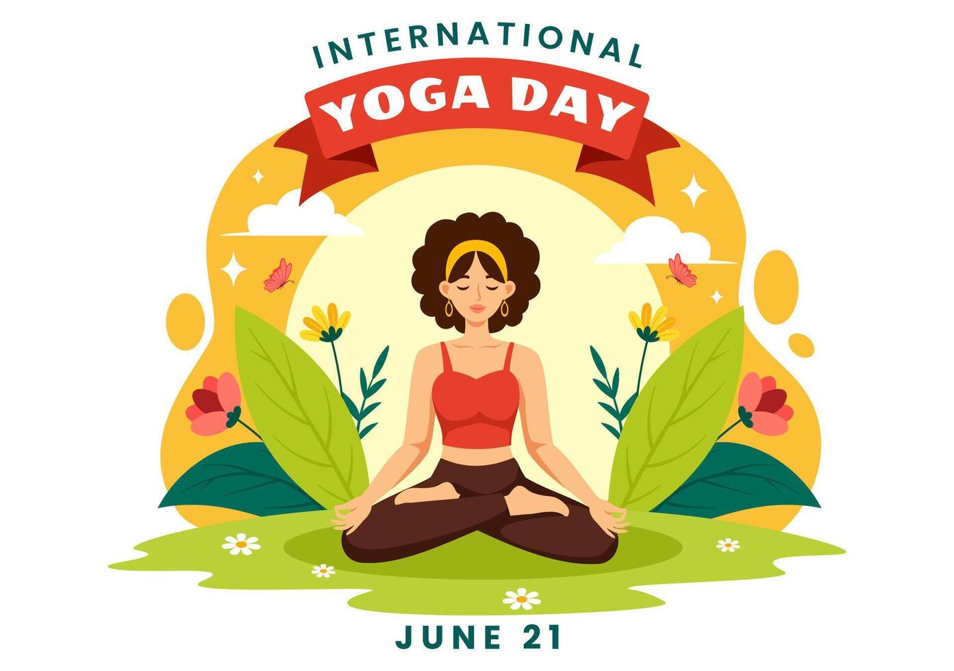 Internationale yoga dag vector illustratie Aan juni 21 met vrouw aan het doen lichaam houding praktijk of meditatie in gezondheidszorg vlak tekenfilm achtergrond