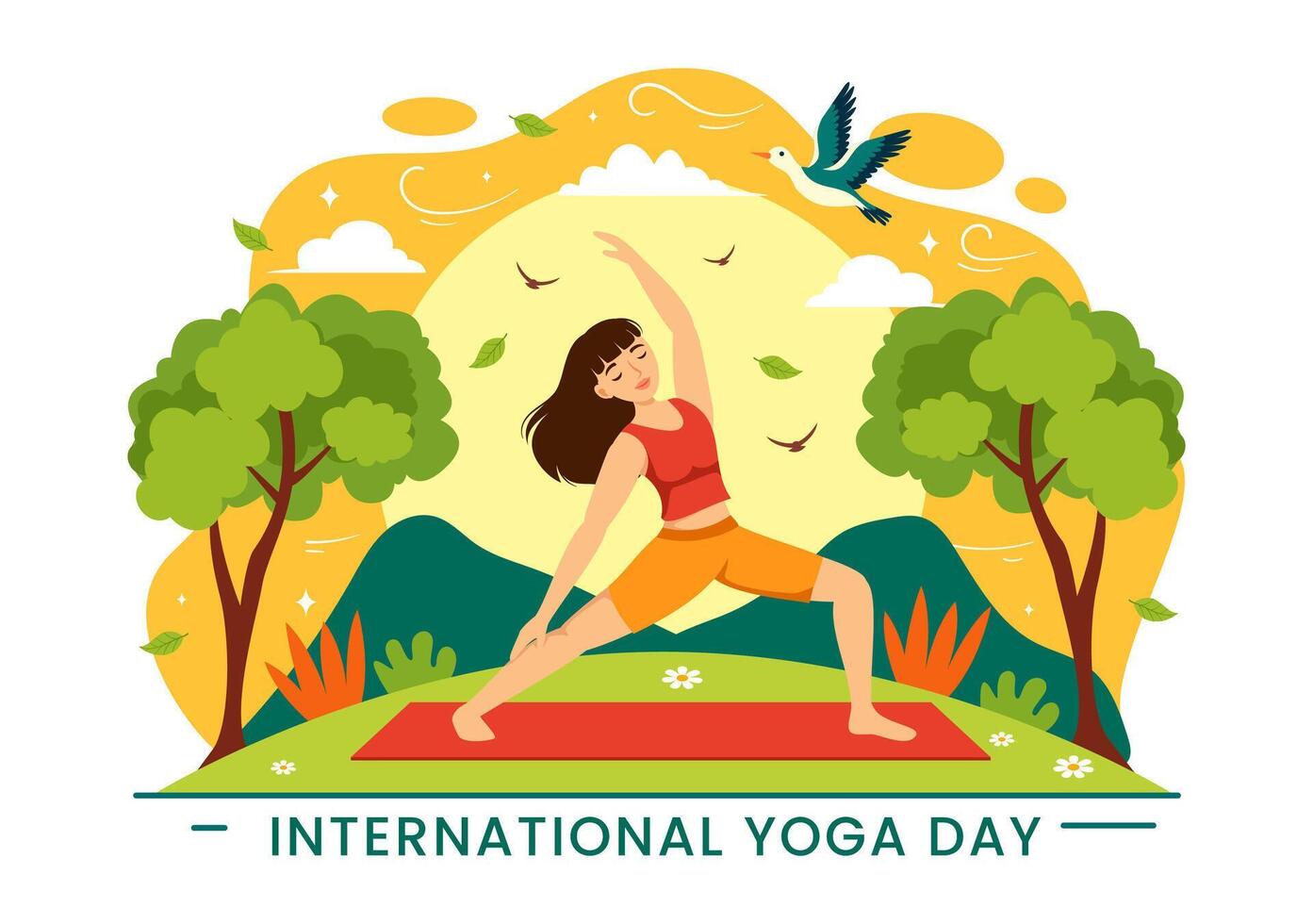 Internationale yoga dag vector illustratie Aan juni 21 met vrouw aan het doen lichaam houding praktijk of meditatie in gezondheidszorg vlak tekenfilm achtergrond