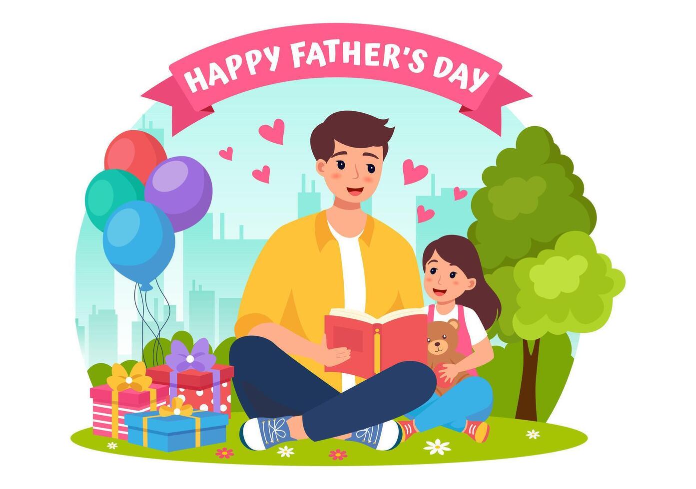 gelukkig vaders dag vector illustratie met vader en zijn zoon of dochter spelen samen in vlak kinderen tekenfilm achtergrond ontwerp