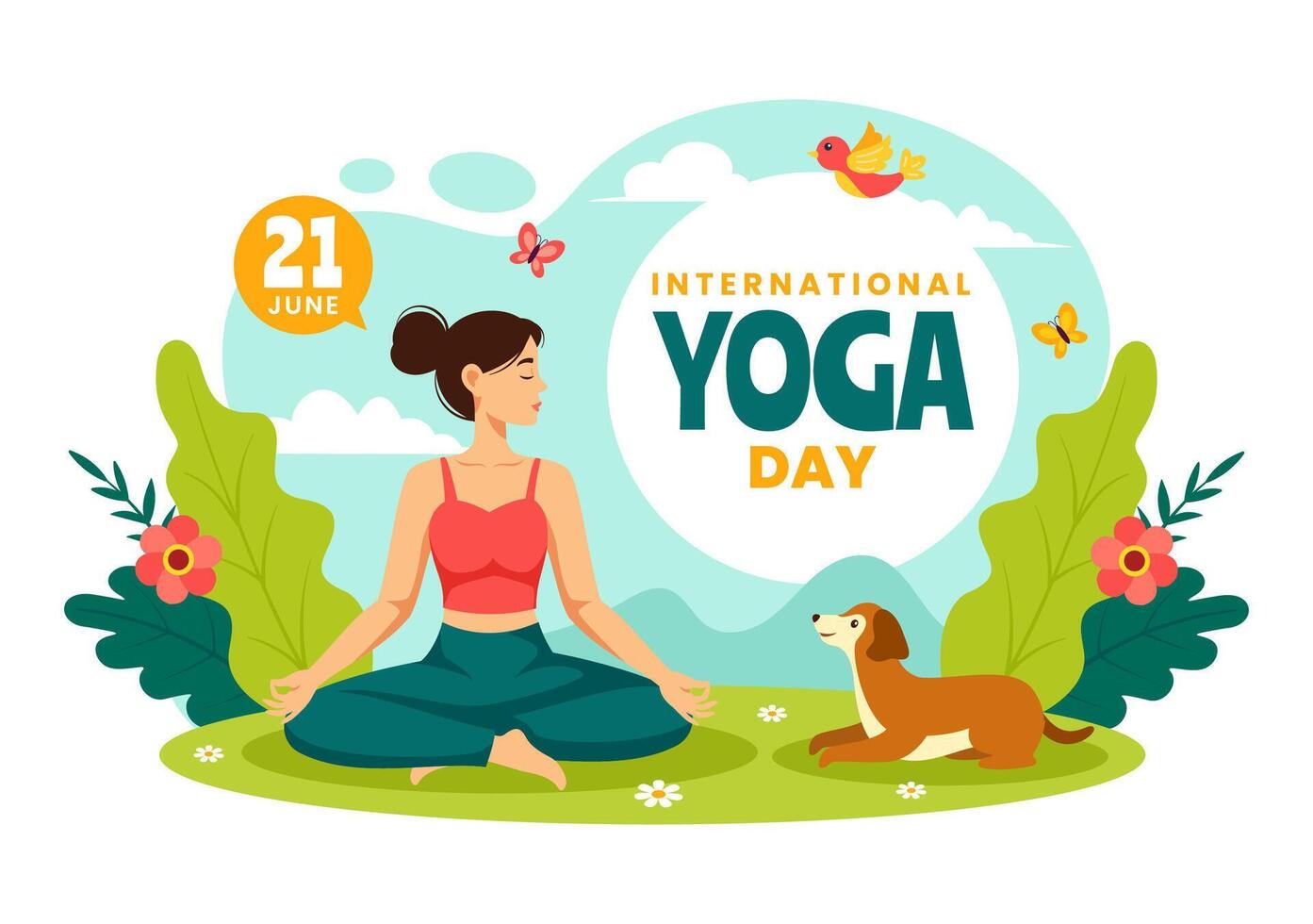 Internationale yoga dag vector illustratie Aan juni 21 met vrouw aan het doen lichaam houding praktijk of meditatie in gezondheidszorg vlak tekenfilm achtergrond