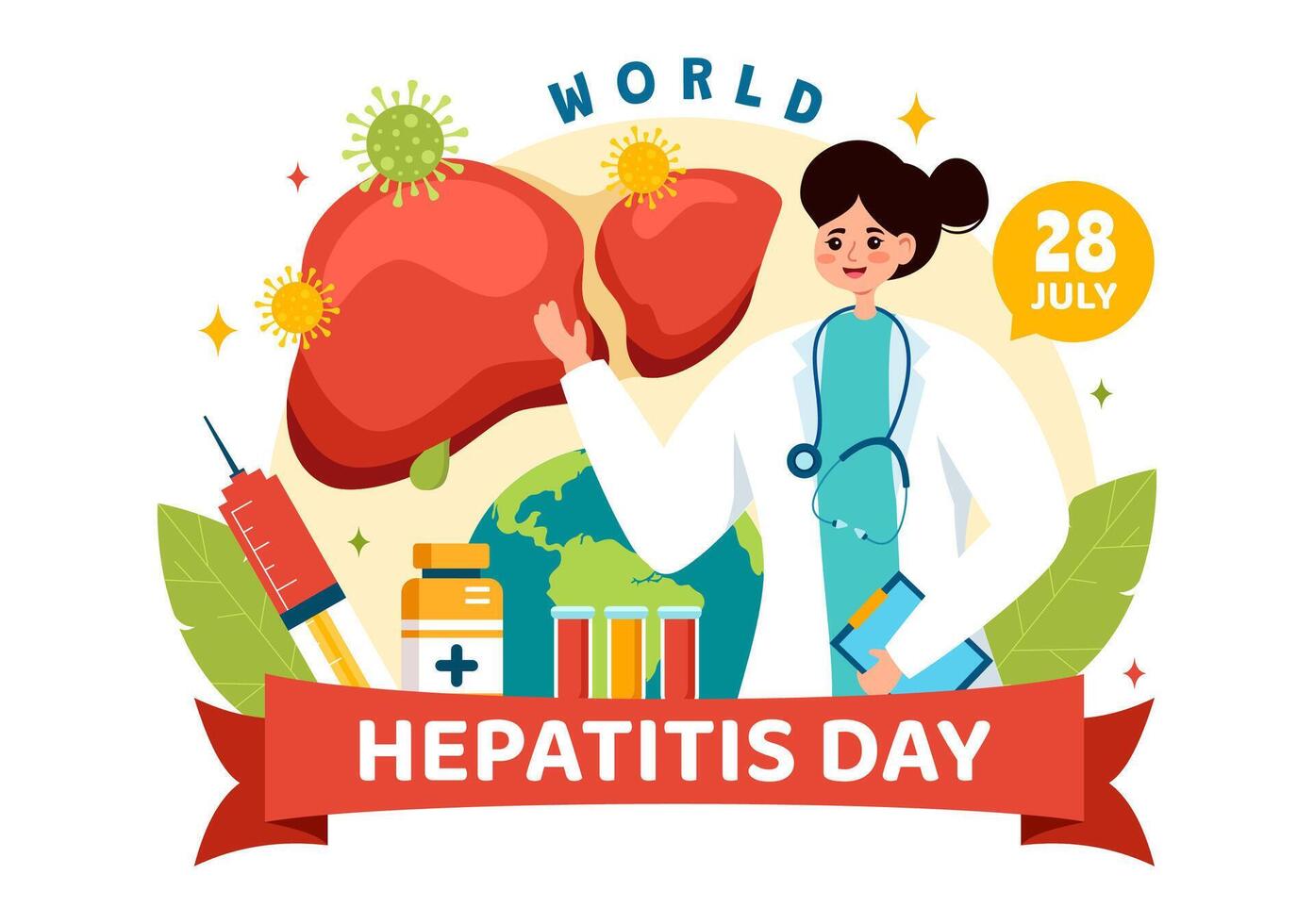 wereld hepatitis dag vector illustratie Aan 28 juli van geduldig ziek lever, kanker en cirrhosis in gezondheidszorg vlak tekenfilm achtergrond ontwerp