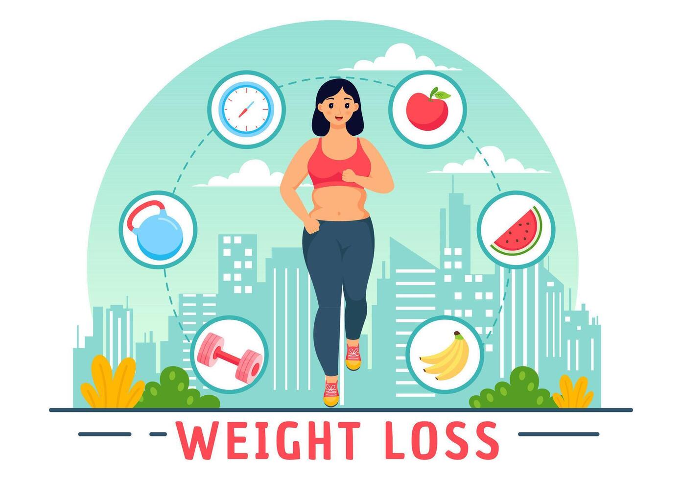 gewicht verlies vector illustratie van vrouw lichaam transformatie concept met fitheid, sport, eetpatroon en gezond levensstijl in vlak tekenfilm achtergrond