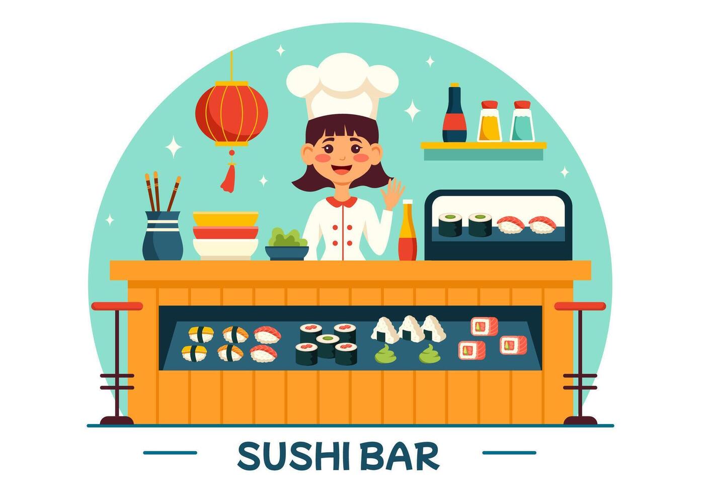 sushi bar vector illustratie van Japan Aziatisch voedsel of restaurant van sashimi en rijst- voor aan het eten met soja saus en wasabi in vlak tekenfilm achtergrond