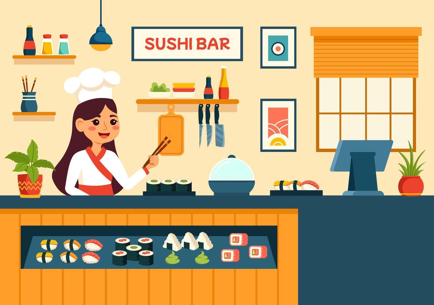 sushi bar vector illustratie van Japan Aziatisch voedsel of restaurant van sashimi en rijst- voor aan het eten met soja saus en wasabi in vlak tekenfilm achtergrond