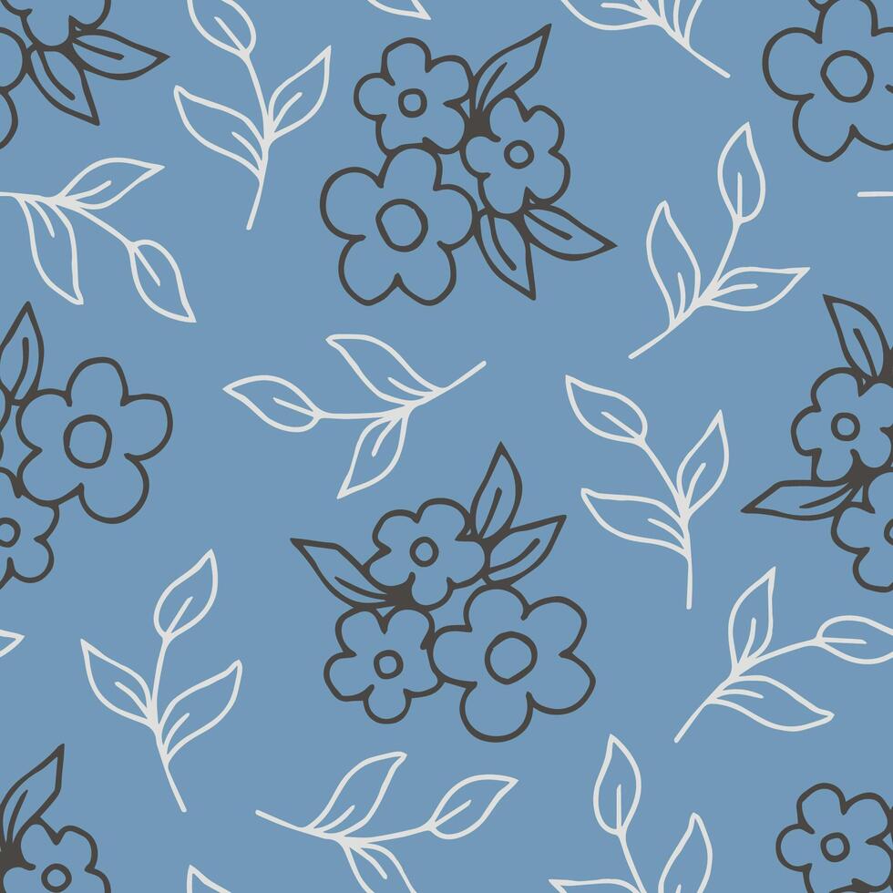 gemakkelijk teder mooi bloemen vector naadloos patroon in landelijk stijl. hand- tekening donker schets van bloemen, licht bladeren Aan een blauw achtergrond. voor het drukken Aan kleding stof, textiel producten.