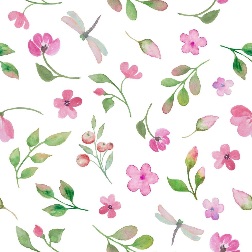 naadloos waterverf patroon met schattig roze bloemen, bessen. hand- getrokken illustratie. vector eps.