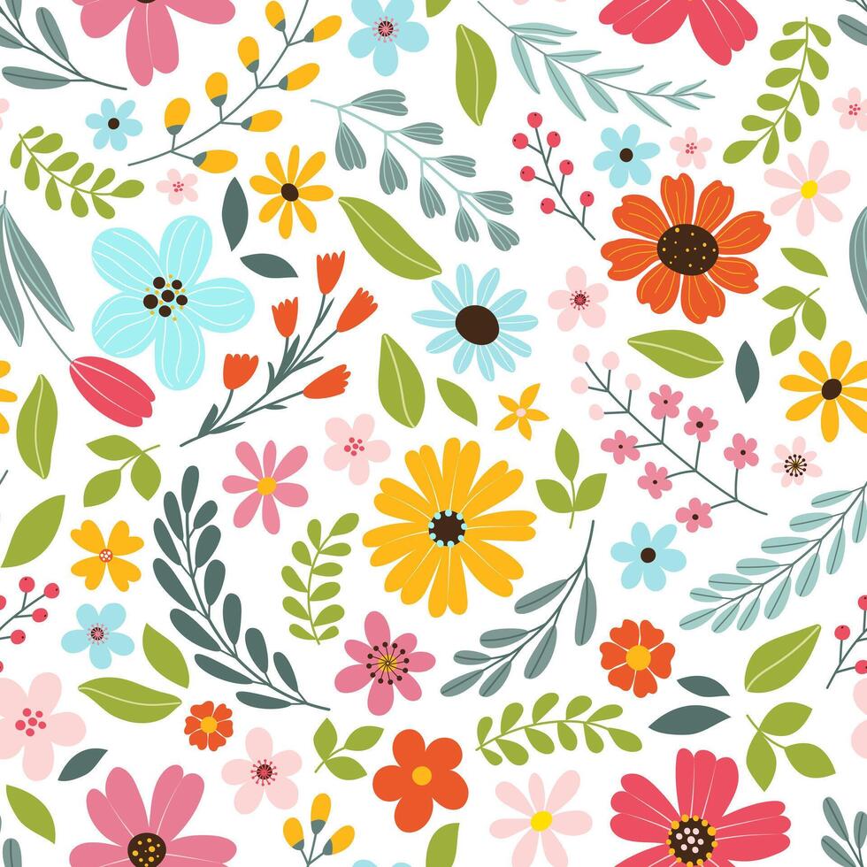 naadloos kleurrijk bloemen patroon. hand- getrokken bloemen, kruiden, bladeren, takken, bessen, tulp. gemakkelijk schattig vlak vector elementen. ontwerp voor textiel, omslag, behang, wikkel.