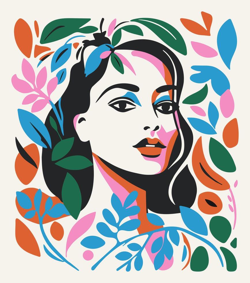 kleurrijk abstract vrouw portret in Jaren 50-60 kunst stijl. mooi vrouw gezicht met zwart haar- in bloemen en planten. gemakkelijk hand- getrokken vormen. vector verticaal banier met dame, meisje