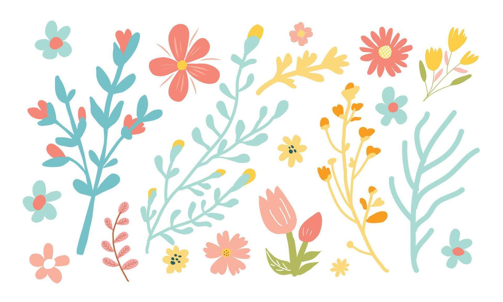 reeks van hand- getrokken bloemen en takken. modieus vector illustratie