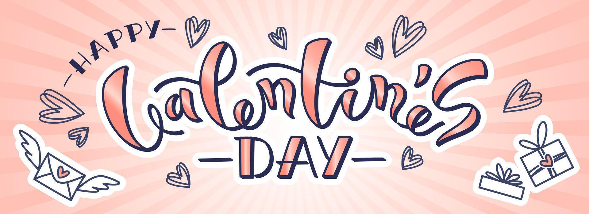 gelukkig valentijnsdag dag achtergrond hand- geschreven belettering met tekening stickers geschenken, brief, harten. 14 feb banier voor sociaal media of website. vector illustratie.