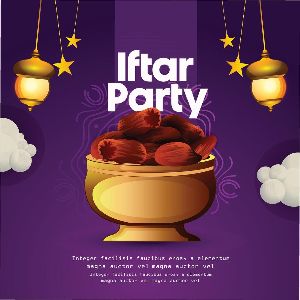 iftar partij uitnodiging. tekst vertaling genereus Ramadan. groet banier Ramadan kareem met oude lantaarn en droog datums. vector. vector