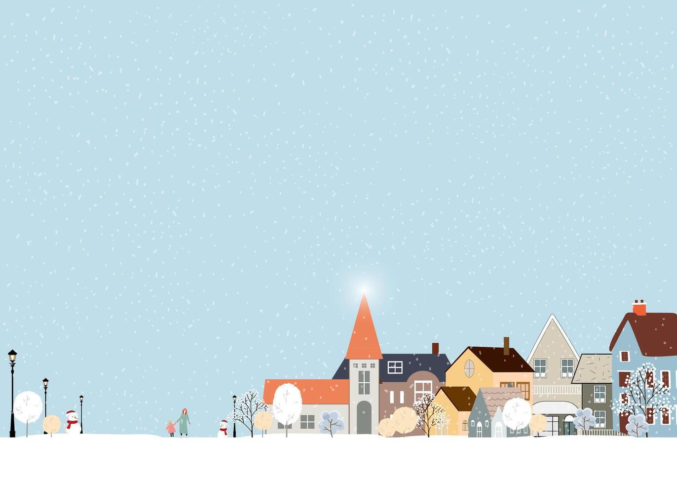 vrolijk Kerstmis achtergrond banier met winter stad stad- landschap met sneeuw dekkend, schattig vector illustratie gelukkig nieuw jaar groet kaart 2025