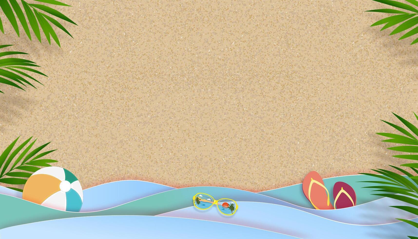 zomer achtergrond, vector papier besnoeiing van tropisch zomer ontwerp, palm blad grens kader Aan zand strand achtergrond met blauw Golf laag en kopiëren ruimte, strand vakantie vakantie voor uitverkoop promo