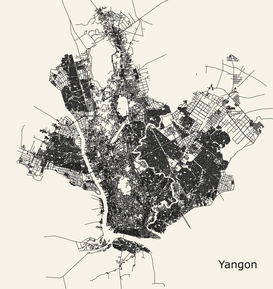 stad weg kaart van Yangon, Myanmar vector