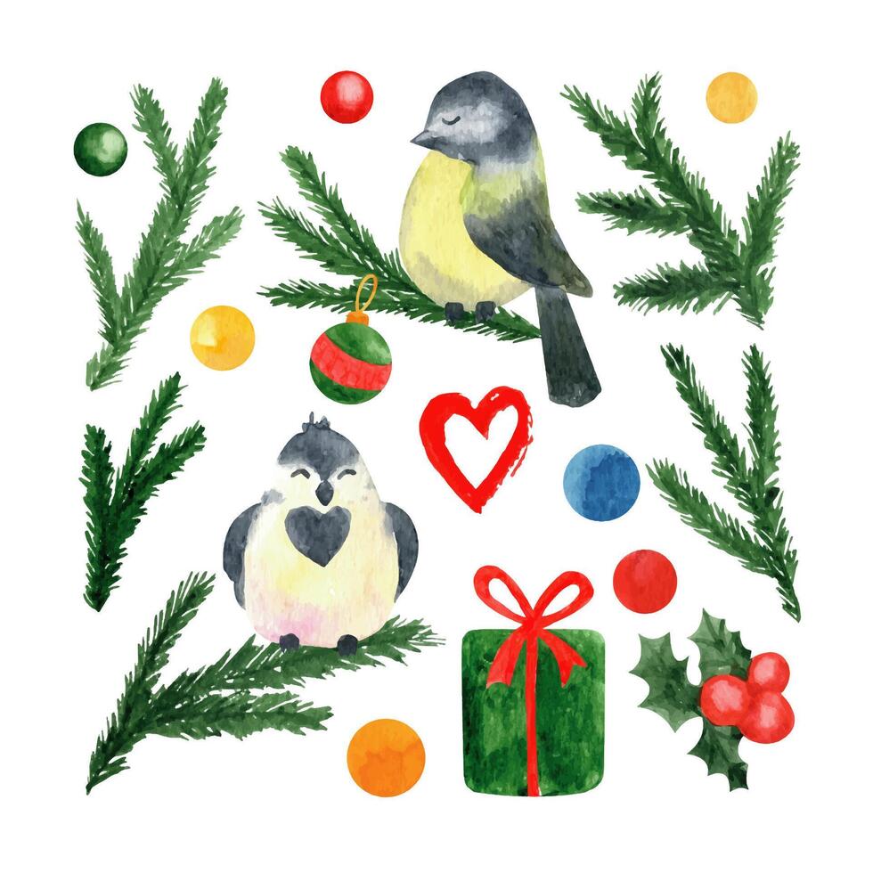 groot reeks van nieuw jaar en Kerstmis waterverf illustraties met weinig vogels, hulst bessen, geschenken, Kerstmis boom. winter elementen voor groet kaarten en ontwerp. geïsoleerd Aan wit achtergrond vector