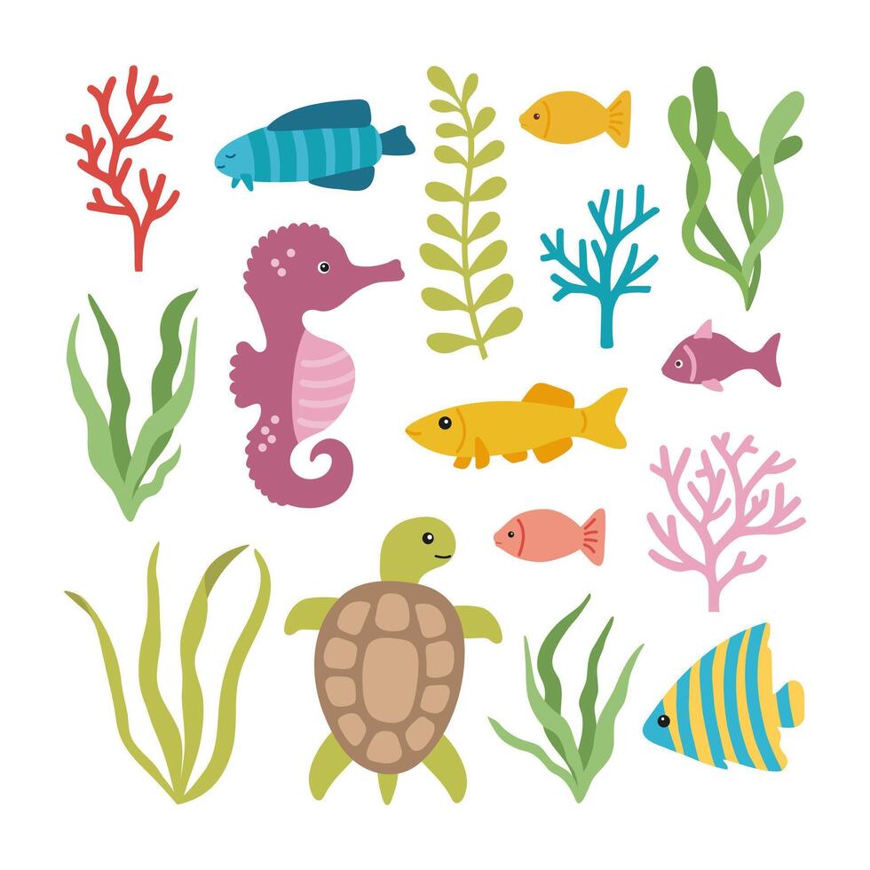 vector zee verzameling vissen, zeewier, koralen, schildpad, zeepaardje. hand- getrokken illustraties.