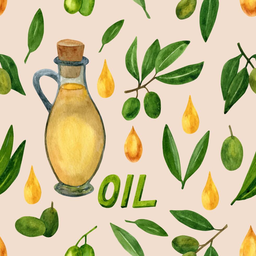 olijven naadloos patroon met olijf- takken en fruit voor Italiaans keuken ontwerp of voedsel met olie vector
