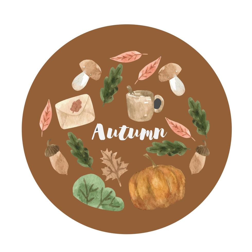 schattig herfst waterverf reeks met bladeren, paddestoelen, koffie, brief, pompoen. seizoensgebonden vallen clip art vector