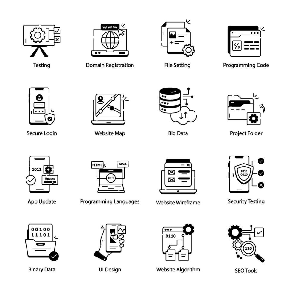 reeks van 16 web ontwikkeling lineair pictogrammen vector